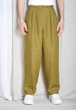 90s Unisex Khaki Check Linen High Waisted Pleated Pants