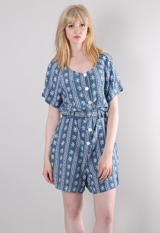 VINTAGE 80S BLUE PATTERNED BELTED PLAYSUIT