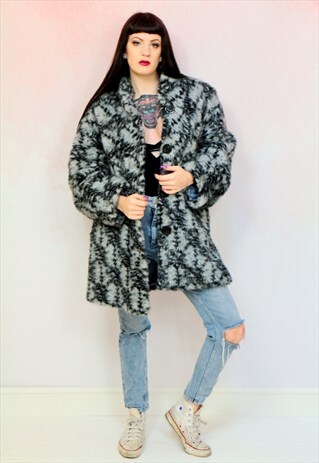 1980S VINTAGE GREY AND BLACK FAUX FUR COAT