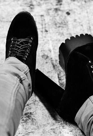 REMIX CLEATED SOLE PLATFORM ANKLE BOOTS -BLACK SUEDE STYLE