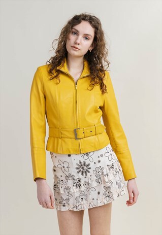 VINTAGE Y2K BELTED YELLOW REAL LEATHER MOTO JACKET XS/S