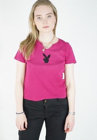 VINTAGE Y2K PINK T SHIRT WITH PLAYBOY PATCH
