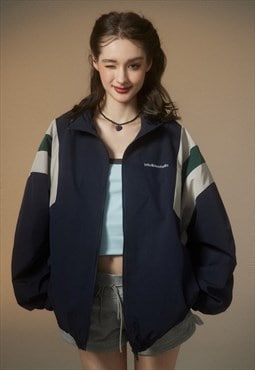 Retro track jacket color block bomber grunge coat in blue