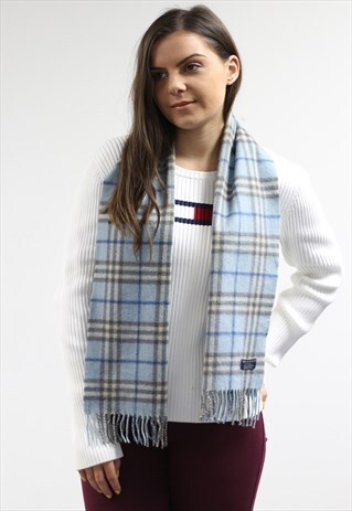 VINTAGE CASHMERE CHECKED SCARF BLUE-AS180