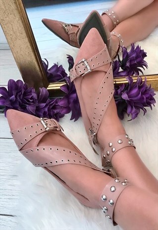 Pink Faux Suede Wrap Ankle Strap Studded Ballerinas