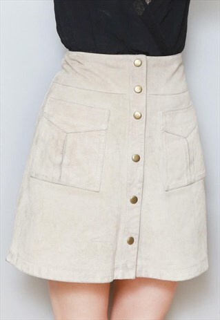 VINTAGE 1990'S BUTTON FRONT BROWN SUEDE MINI SKIRT