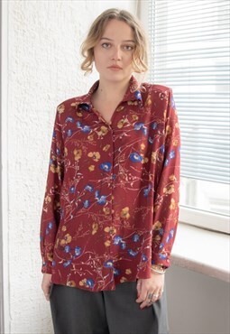 Vintage 80's Burgundy Red Flower Print Blouse