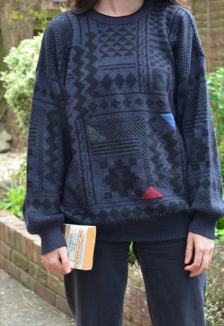 80S VINTAGE NAVY BLUE & BLACK DIAMOND PATTERN KNIT JUMPER