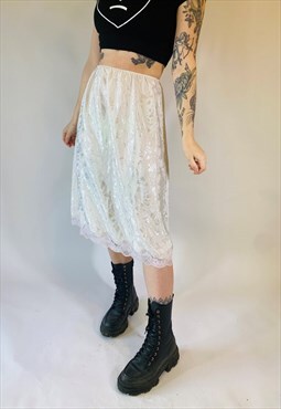 Vintage 00s Y2K Floral Lace Detail Satin White Skirt