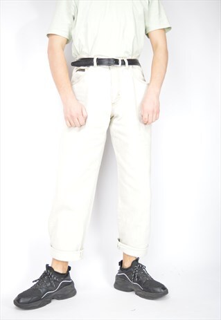 VINTAGE BEIGE CLASSIC DENIM STRAIGHT JEANS TROUSERS