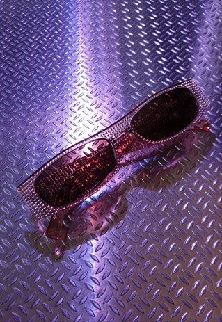 SLIM RECTANGLE SUNGLASSES IN TAN WITH DIAMANTE EFFECT