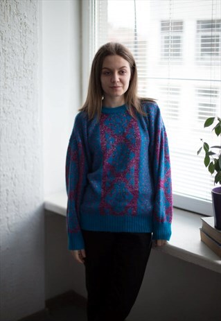 VINTAGE 80'S BLUE PATTERNED GLOSSY JUMPER