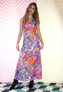 Dress Maxi Vintage 70s Bright Floral Print Summer Size 12