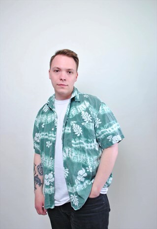 HAWAIIAN GREEN SHIRT, FLOWERS HOLIDAY BUTTON DOWN