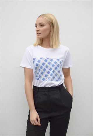 NUDE ETHICS ORGANIC WHITE COTTON BLUE CHECK T-SHIRT