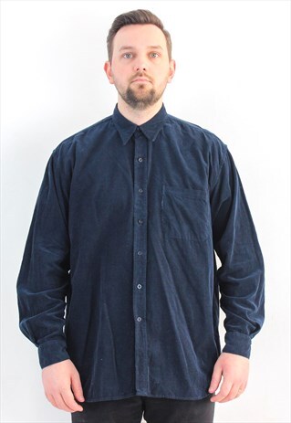 CASUAL SHIRT L CORDUROY CORDS NAVY LONG SLEEVE BUTTON UP TOP