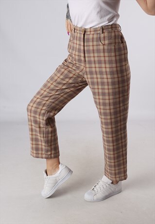 VINTAGE HIGH WAISTED TROUSERS TARTAN CHECKED UK 12 (GA4I)