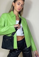 Vintage Y2K 00's Leather Jacket Green Zipped Grunge