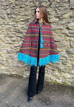 70's Multi Coloured Woven Fabric Ladies Cape Coat