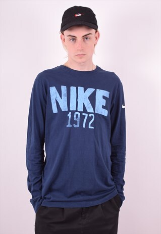 NIKE MENS VINTAGE T-SHIRT TOP LONG SLEEVE MEDIUM BLUE 90'S