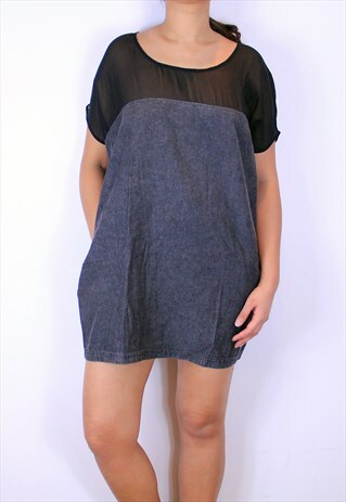 LOOSE MESH TOP DENIM DRESS IN BLACK