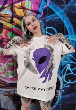 Alien print t-shirt UFO graffiti tee X-files y2k top white
