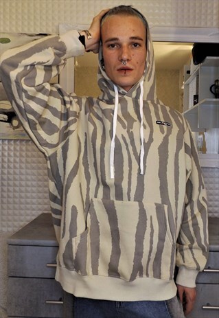 DROP SHOULDER PREMIUM QUALITY ZEBRA ANIMAL HOODIE IN CREAM