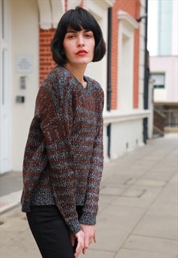 Long Sleeve Thick Jumper in Brown and Grey Stripe