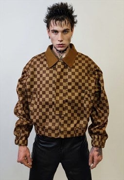 Check print aviator jacket retro pattern varsity in brown