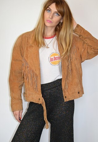 VINTAGE 70S LIGHT TAN BROWN SUEDE FRINGE BIKER JACKET