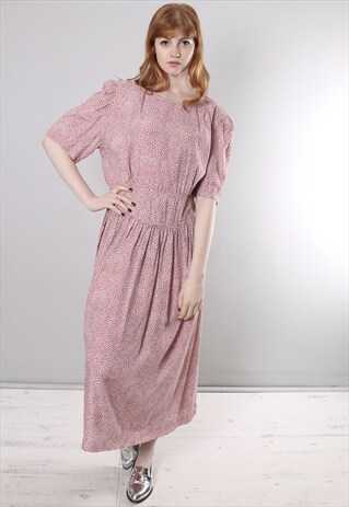 VINTAGE 80S PINK POLKA DOT PATTERNED LONG SUMMER DRESS