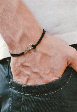ANCHOR BRACELET FOR MEN, SILVER ANCHOR AND BLACK CORD