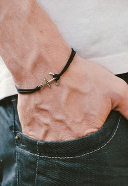 Silver anchor bracelet for men black cord gift for him, man