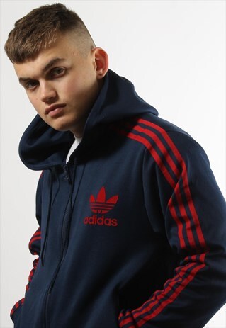 VINTAGE ADIDAS ORIGINALS NAVY & RED ZIP UP HOODIE