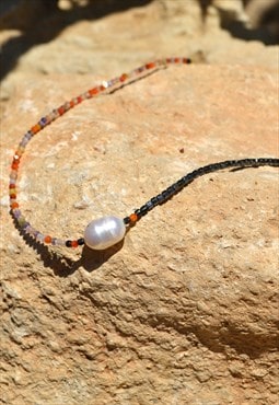 Handmade freshwater pearl/hematite/nephrite stones necklace