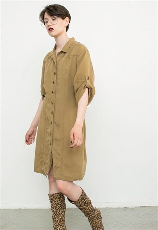 VINTAGE DRESS SAFARI SAND BROWN BEIGE LYOCELL WRINKLE-FREE
