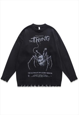Spider sweater creepy knit distressed horror jumper in black