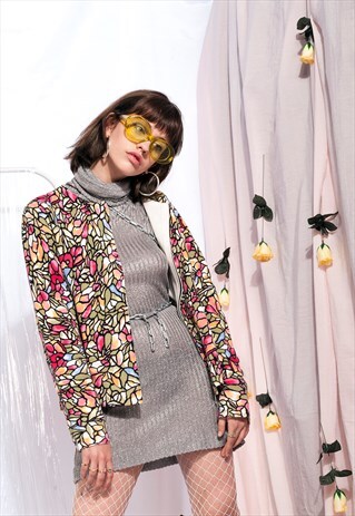 VINTAGE FLORAL KNIT CARDIGAN 90S PINK ROSE BLAZER JACKET