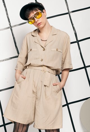 SAFARI PLAYSUIT - 80S VINTAGE BEIGE JUMPSUIT