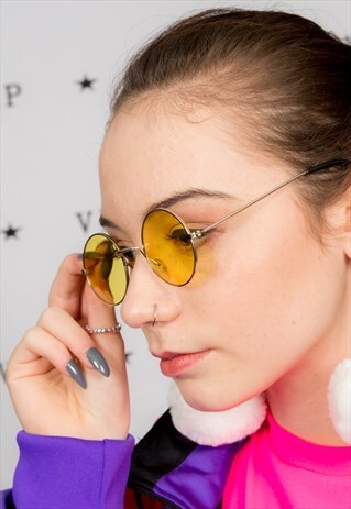 90S VINTAGE YELLOW TINTED ROUND LENNON STYLE SUNGLASSES