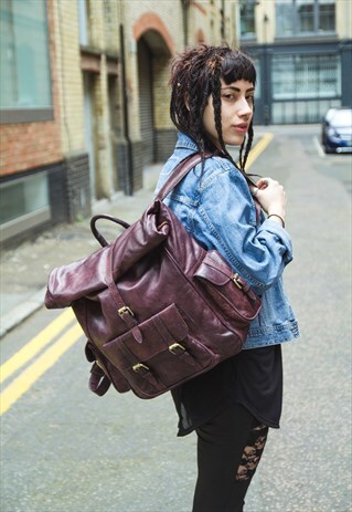 QUILTED LEATHER ROLL TOP RUCKSACK BACKPACK BROWN