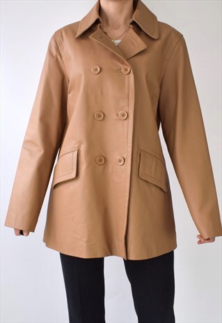 VINTAGE 70S CAMEL LEATHER DOUBLE BREASTED BLAZER JACKET