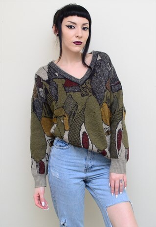 VINTAGE 90'S ABSTRACT SHAPES PATTERNED SLOUCHY JUMPER