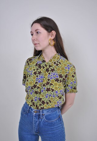 80S GREEN FLOWERS BLOUSE, VINTAGE WOMEN FLORAL BOHO SHIRT