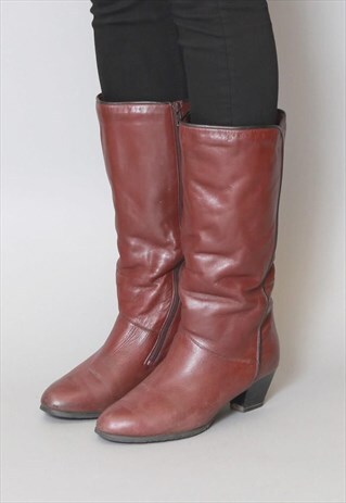 VINTAGE 1970'S BURGUNDY LEATHER FUR LINED BOOTS