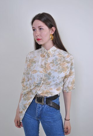 VINTAGE BEIGE FLORAL BLOUSE, RETRO BOHO FLOWERS SHIRT