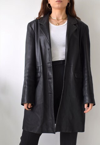 VINTAGE SOFT LEATHER LONGLINE BLACK BLAZER JACKET M
