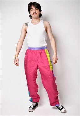 Vintage 80s sport shell wind pants in pink multi joggers