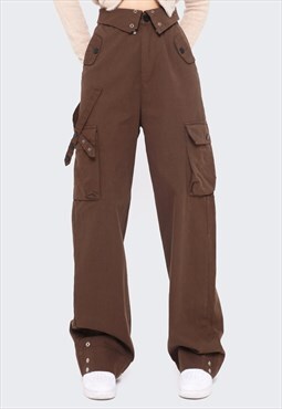 High waist parachute joggers cargo pocket pants in brown