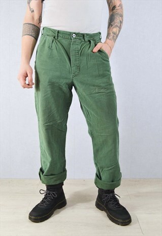 VINTAGE 60S WORK PANTS FADED SWEDISH CHORE TROUSERS GREEN
